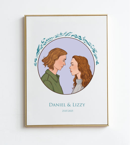 Custom Couple Portrait, Hand-drawn Custom Illustration, Anniversary Gift,